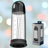 The VeDO Pump Rechargeable Vacuum Penis in 'Just Black' stands next to its packaging box. The device features measurement markings for tracking progress, promising harder erections. The package showcases the product image and VeDO branding, with a pastel bokeh effect decorating the background.